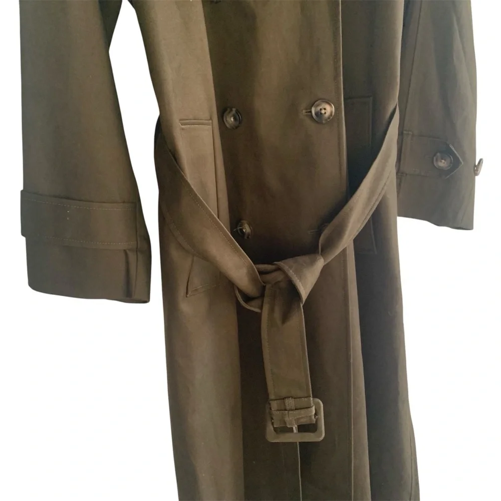RW&Co Trench Coat Transitional Season Classic Overcoat wHood Twill Khaki Green L - Picture 6 of 8